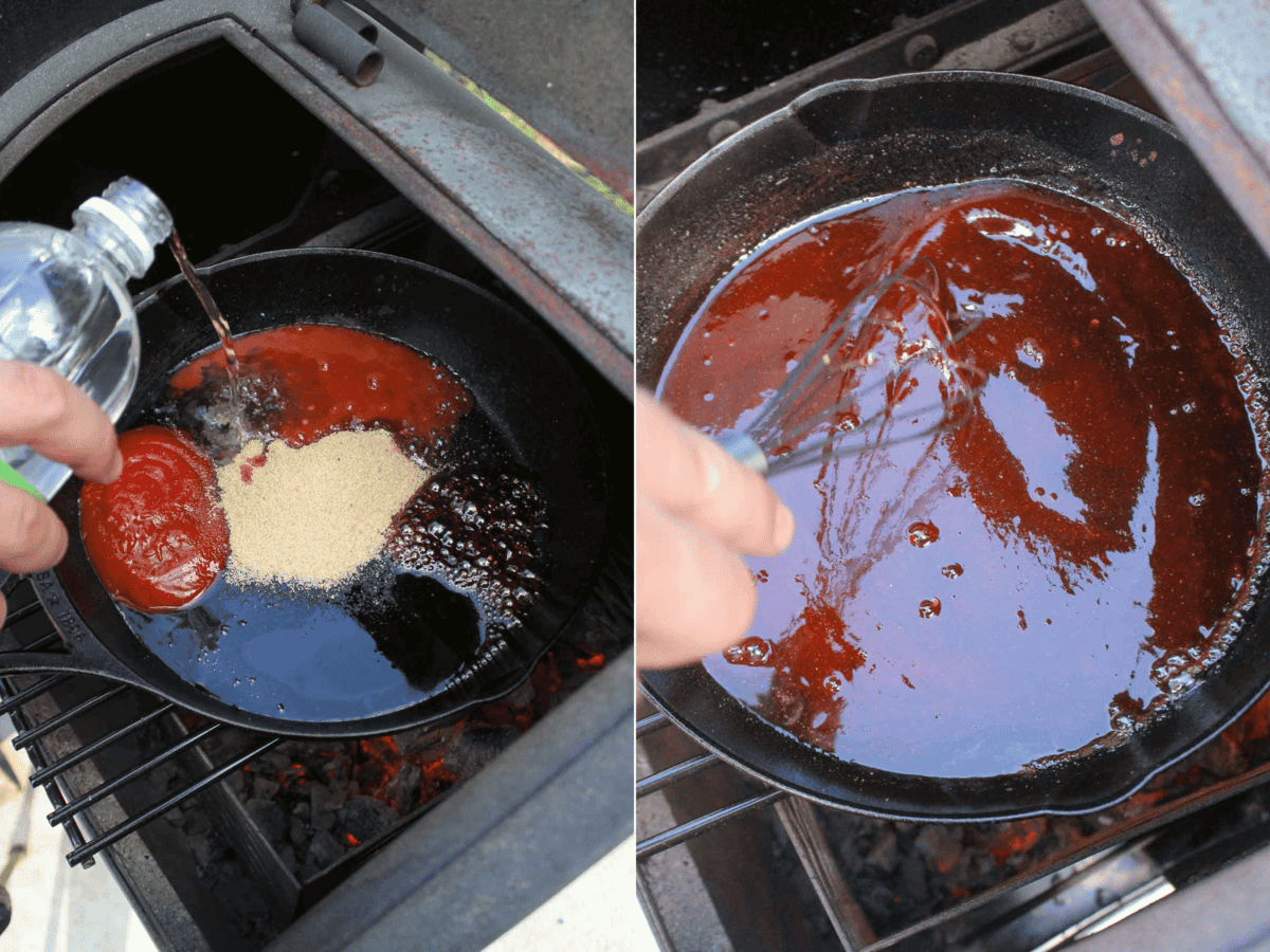 Making the bbq sauce for the pulled pork bbq sandwich.