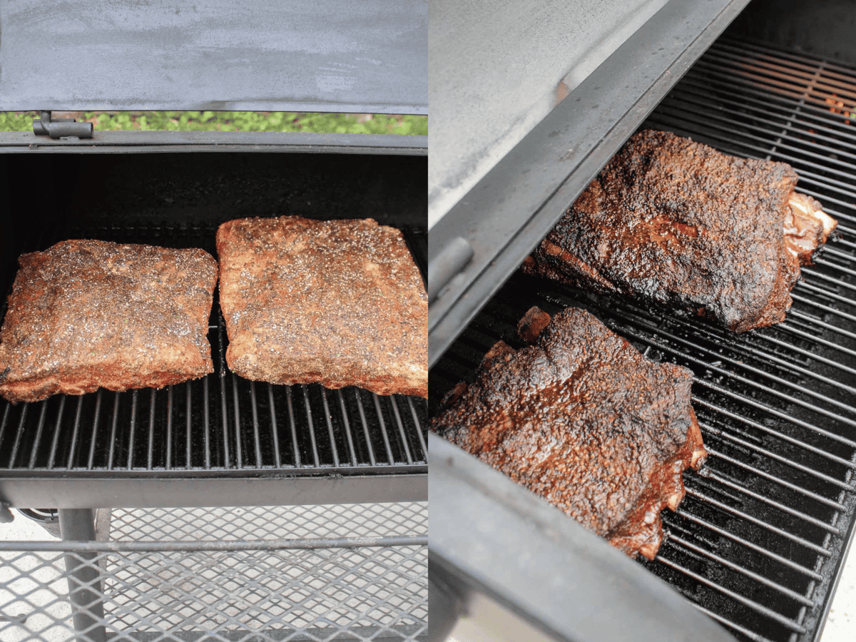The beef ribs sitting on the smoker as they cook before being wrapped.