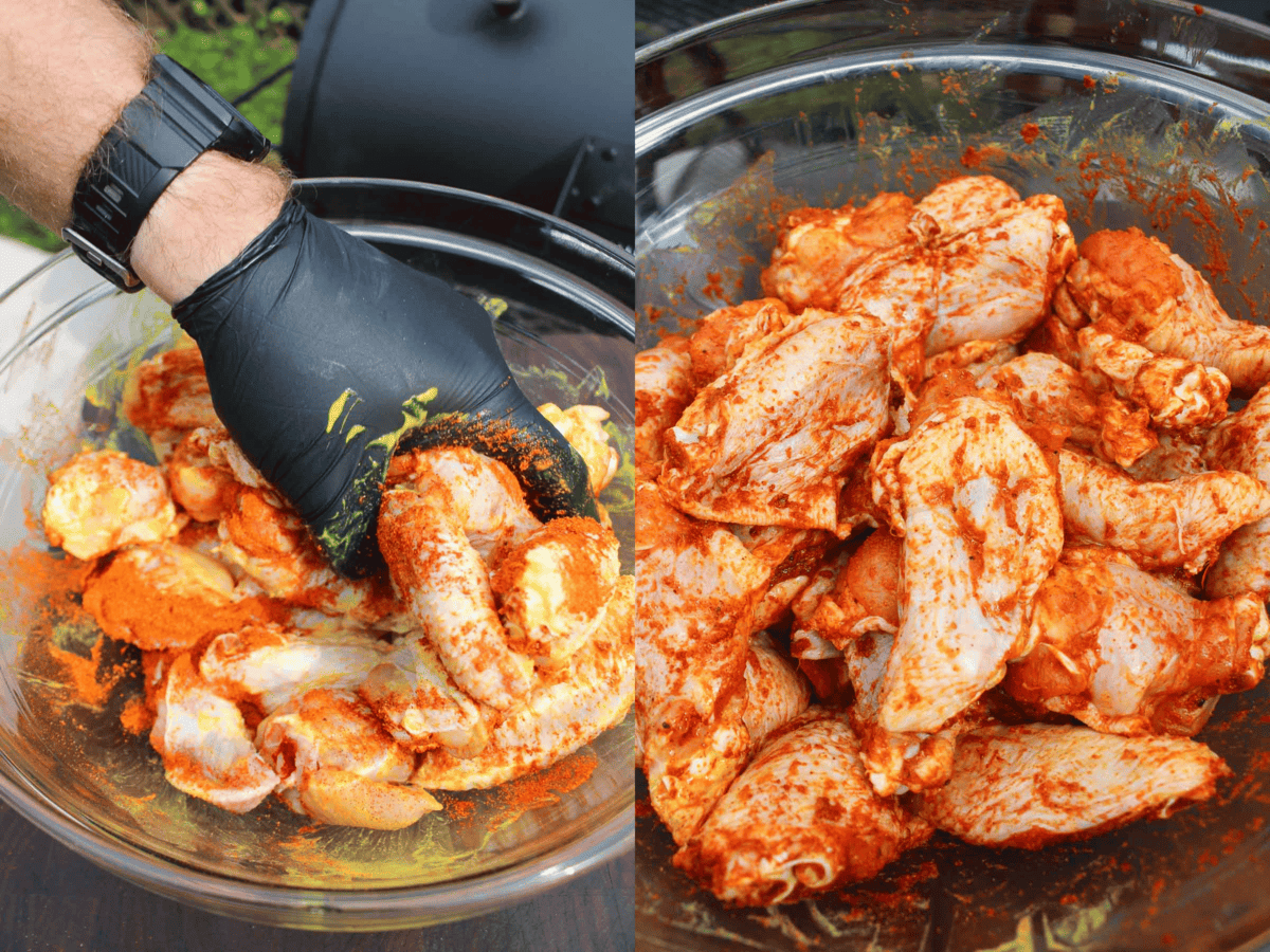 Seasoning the chicken wings so that we can get them cooking on the smoker.