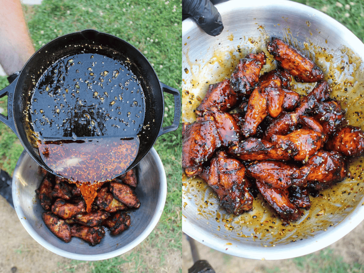 Tossing the wings in the hot honey garlic sauce.