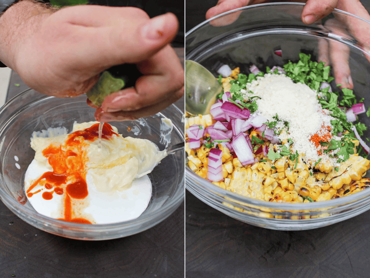 Mixing together the Elote sauce and the corn salsa for the pulled pork Elote tacos.