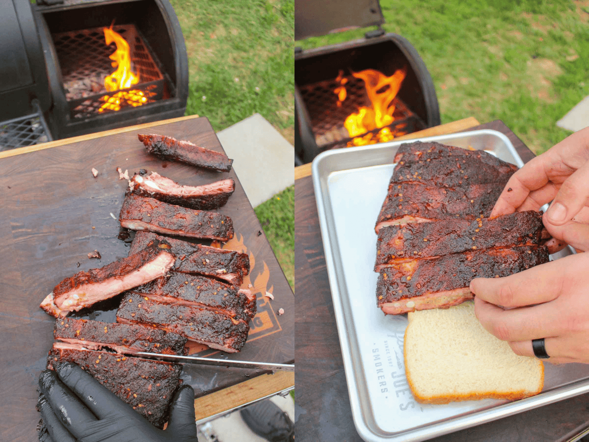 Slicing the ribs and then serving them on a tray on top of a slice of bread.