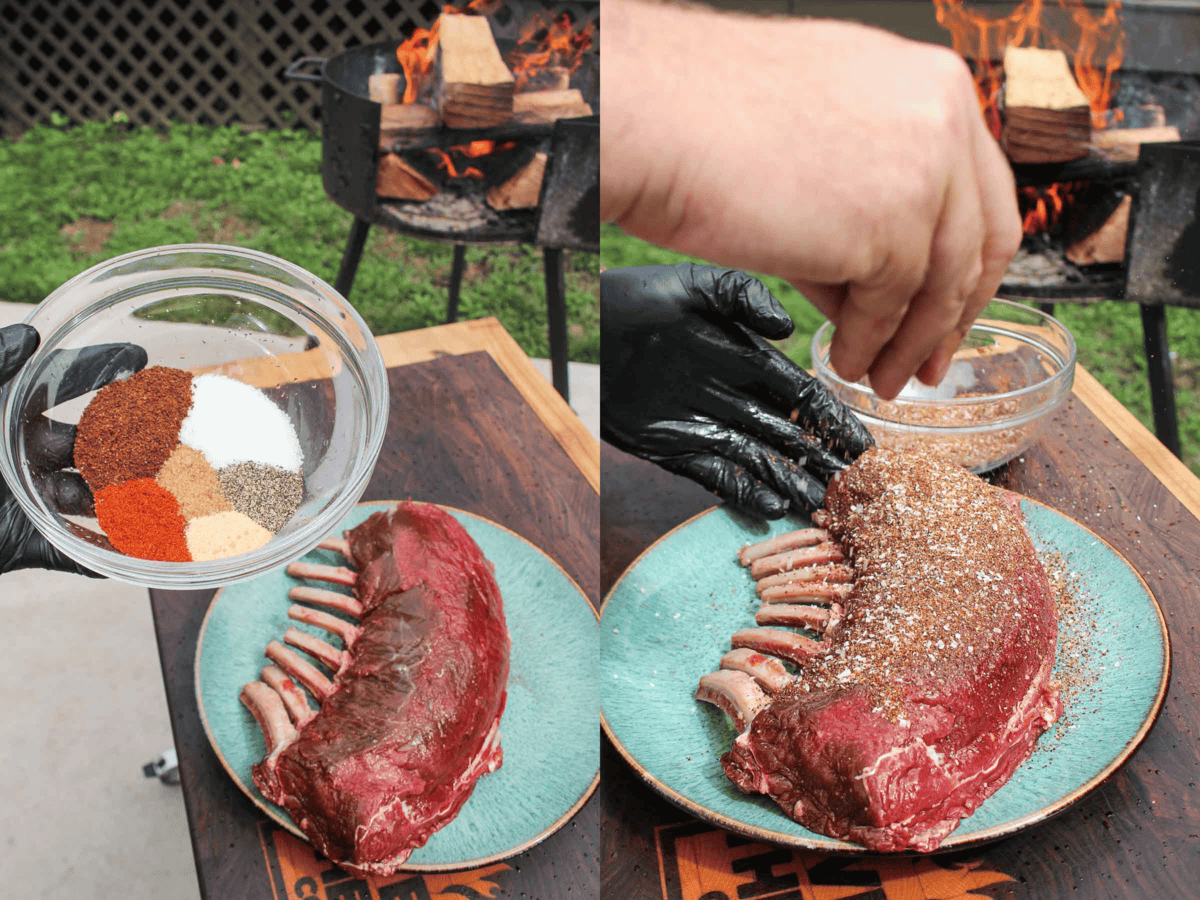 Seasoning the coffee crusted venison rack so that it's ready for the sous vide