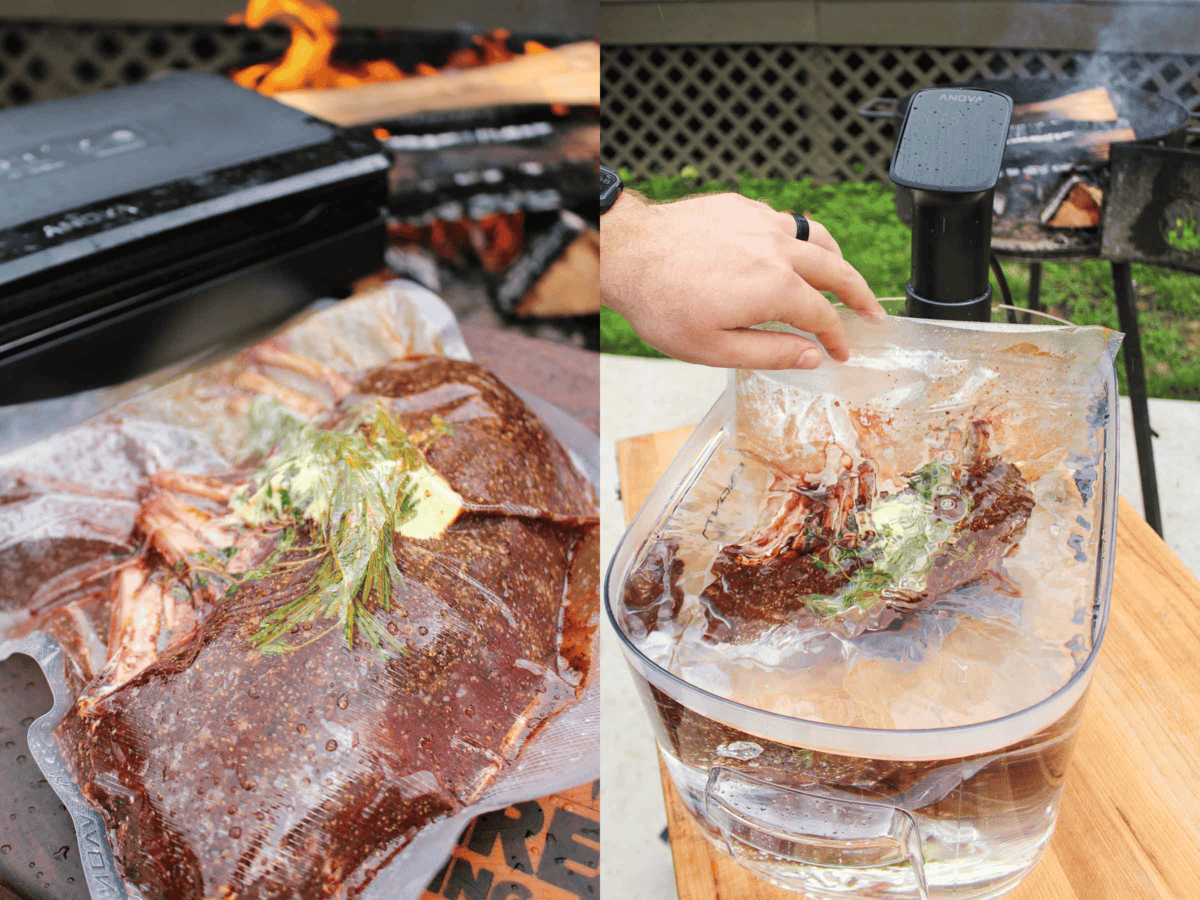 Vacuum sealing the venison rack and then placing it in the preheated sous vide.