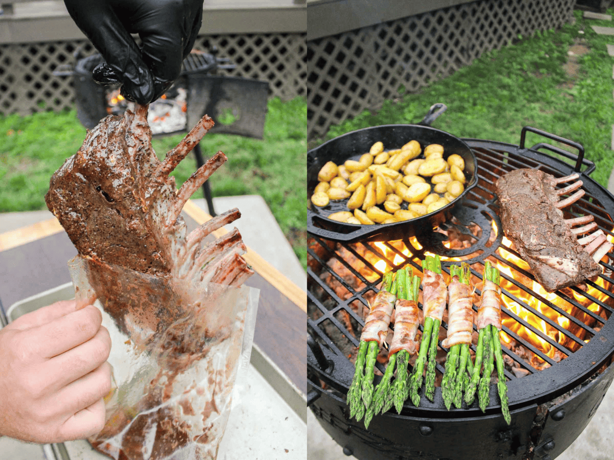 Pulling the venison from the sous vide and searing it along with our side dishes.