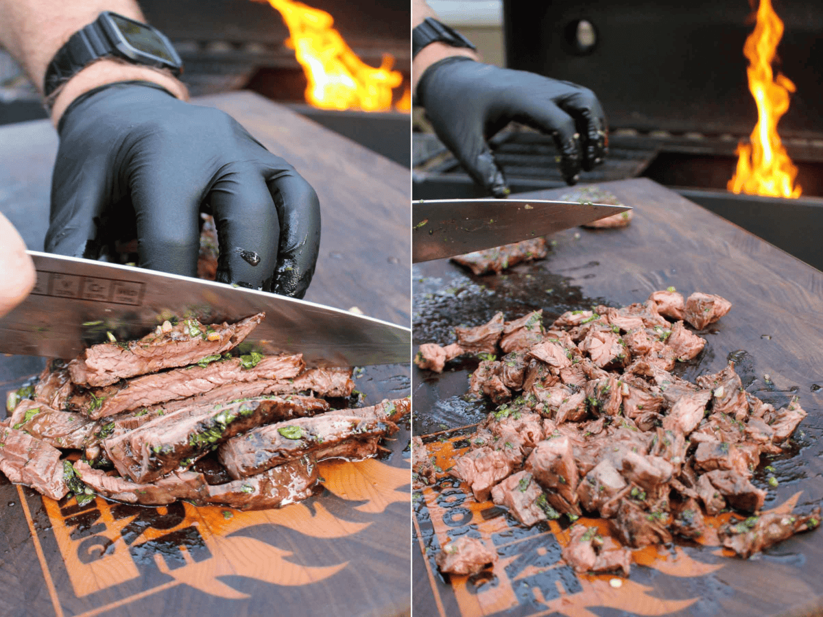 Slicing up the carne asada into bite size pieces.
