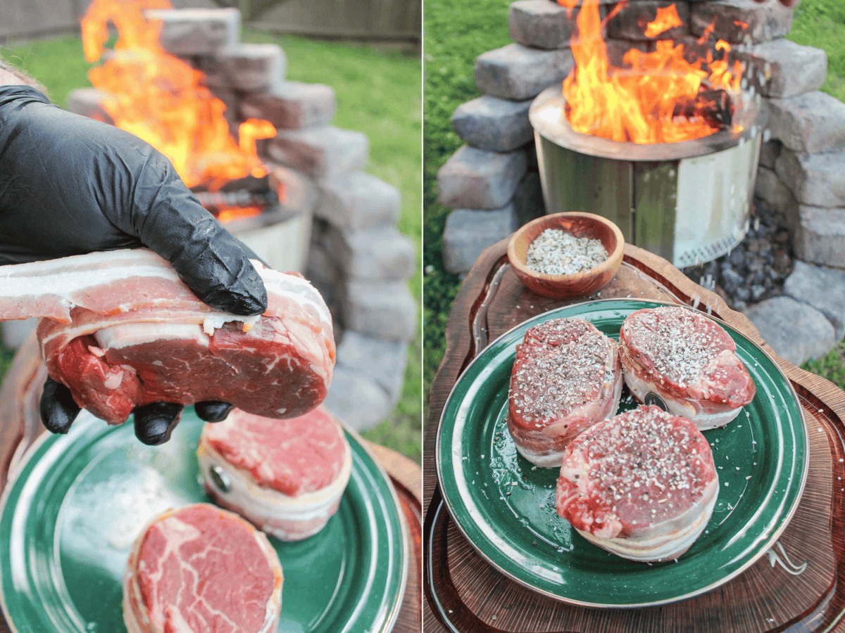 Bacon Wrapped Filets with Bacon Fat Fries Over The Fire Cooking