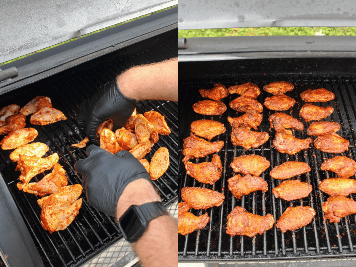 Setting the chicken wings out across the grill grate.