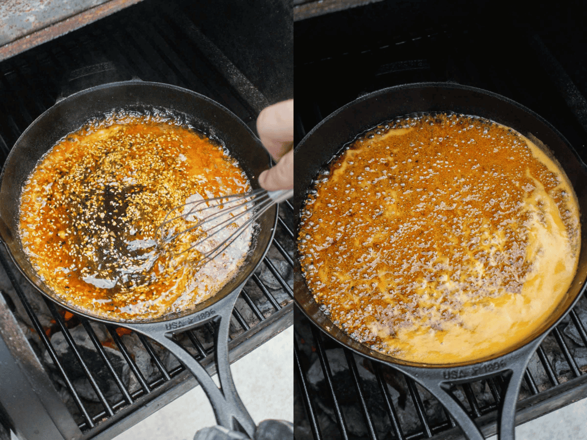 Mixing together the hot honey garlic sauce so we can toss the wings in it.