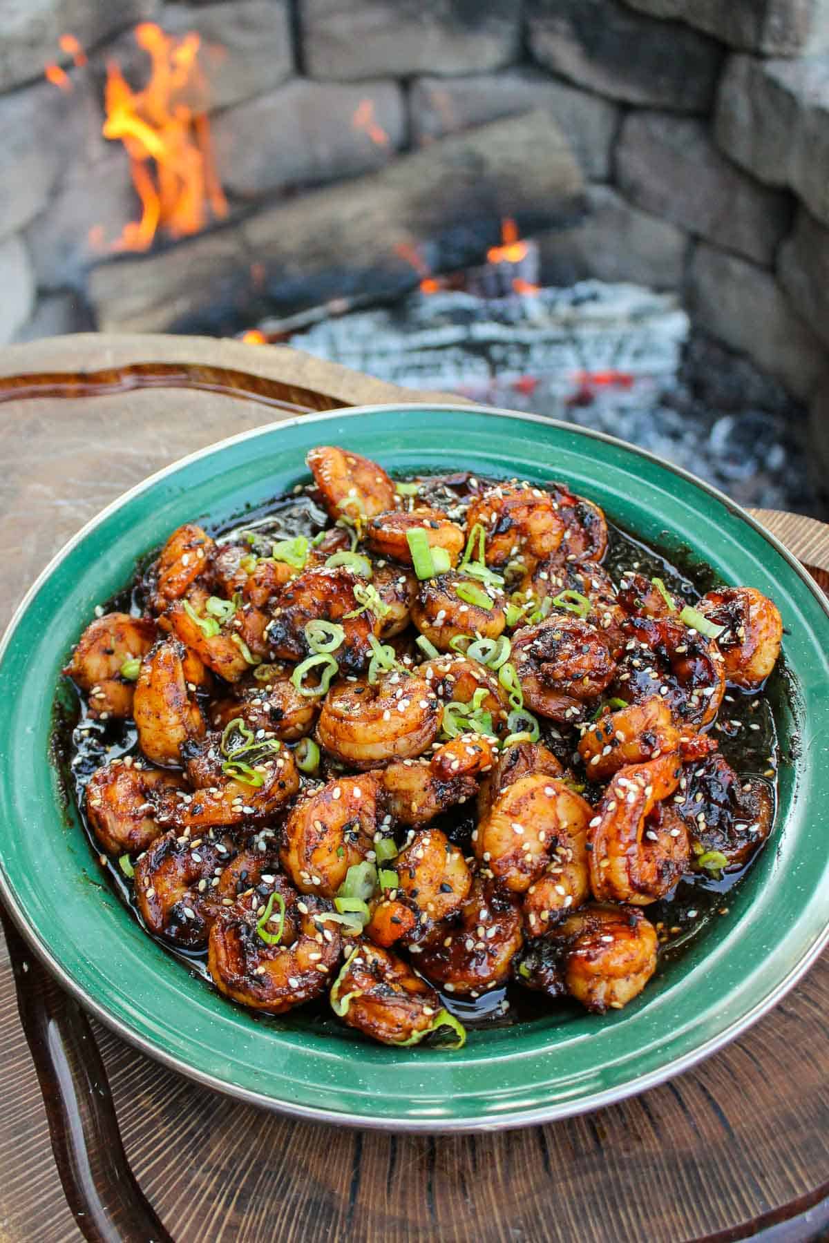 Hot Honey Garlic Shrimp garnished and plated so that we can serve it.