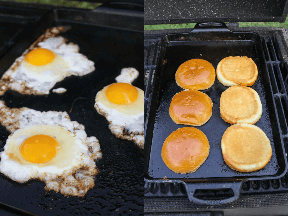 Frying the eggs and toasting the buns so that we can start assembling the Au Cheval Burger.