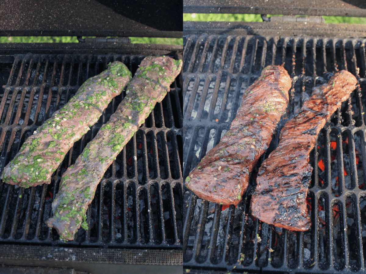 The steak cooking over the grill. Two photos, one of the raw steak and one of the charred steak.