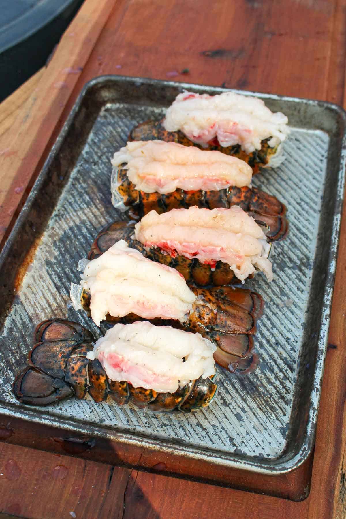 The butterflied lobster tails ready to be stuffed.