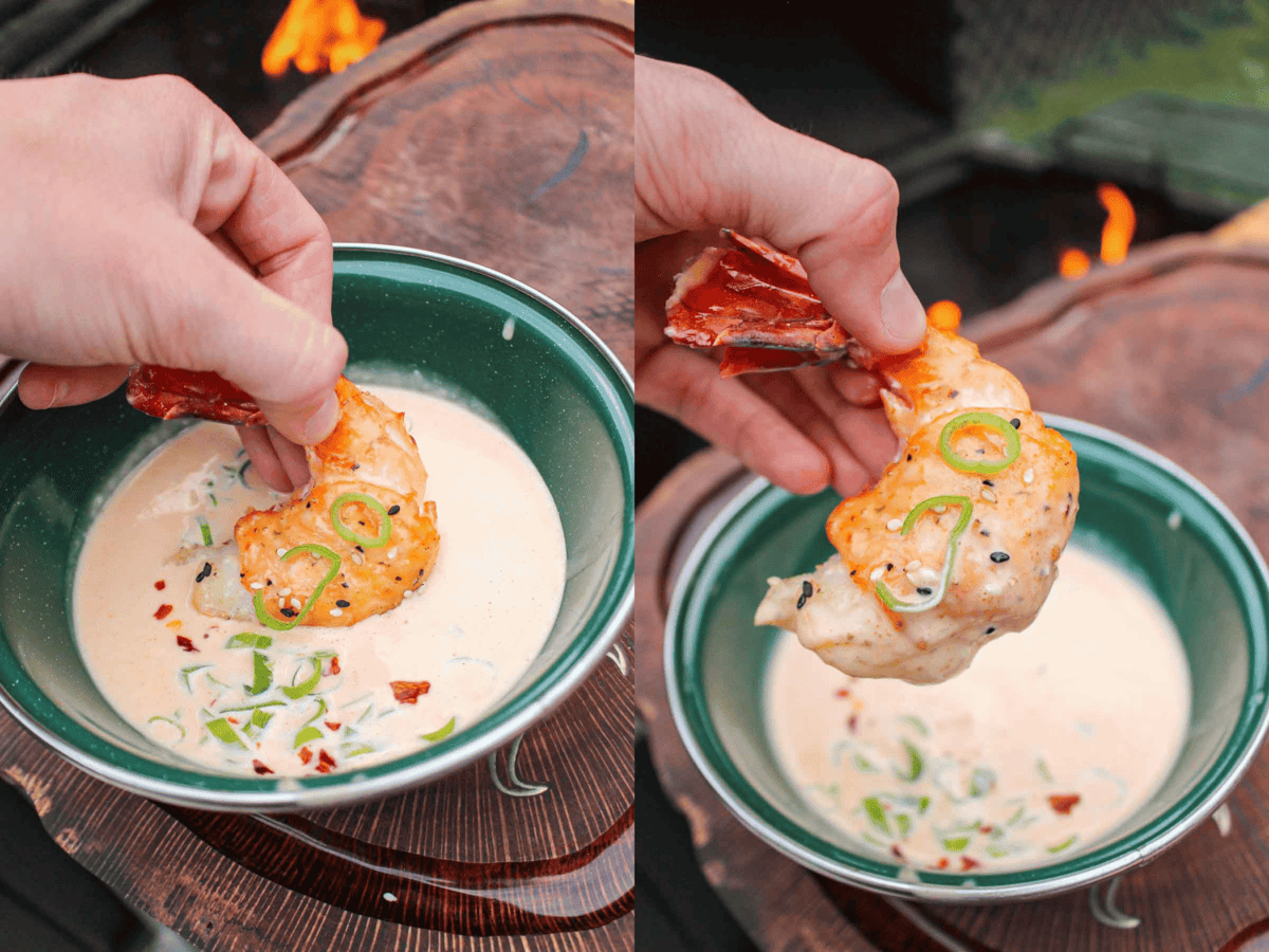 Dipping the salmon wrapped shrimp in the bang bang sauce for a bite.