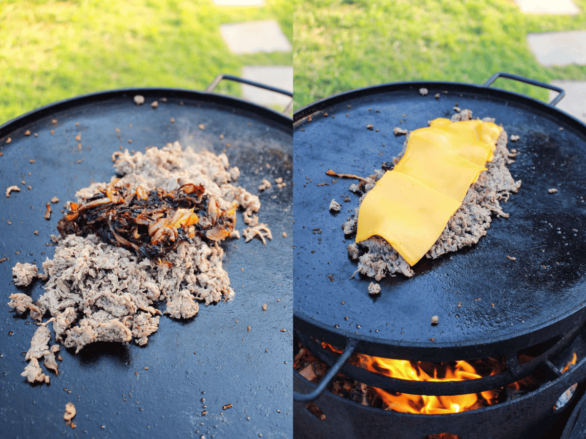 Adding the onions back to the cooked steak and topping it all with cheese.