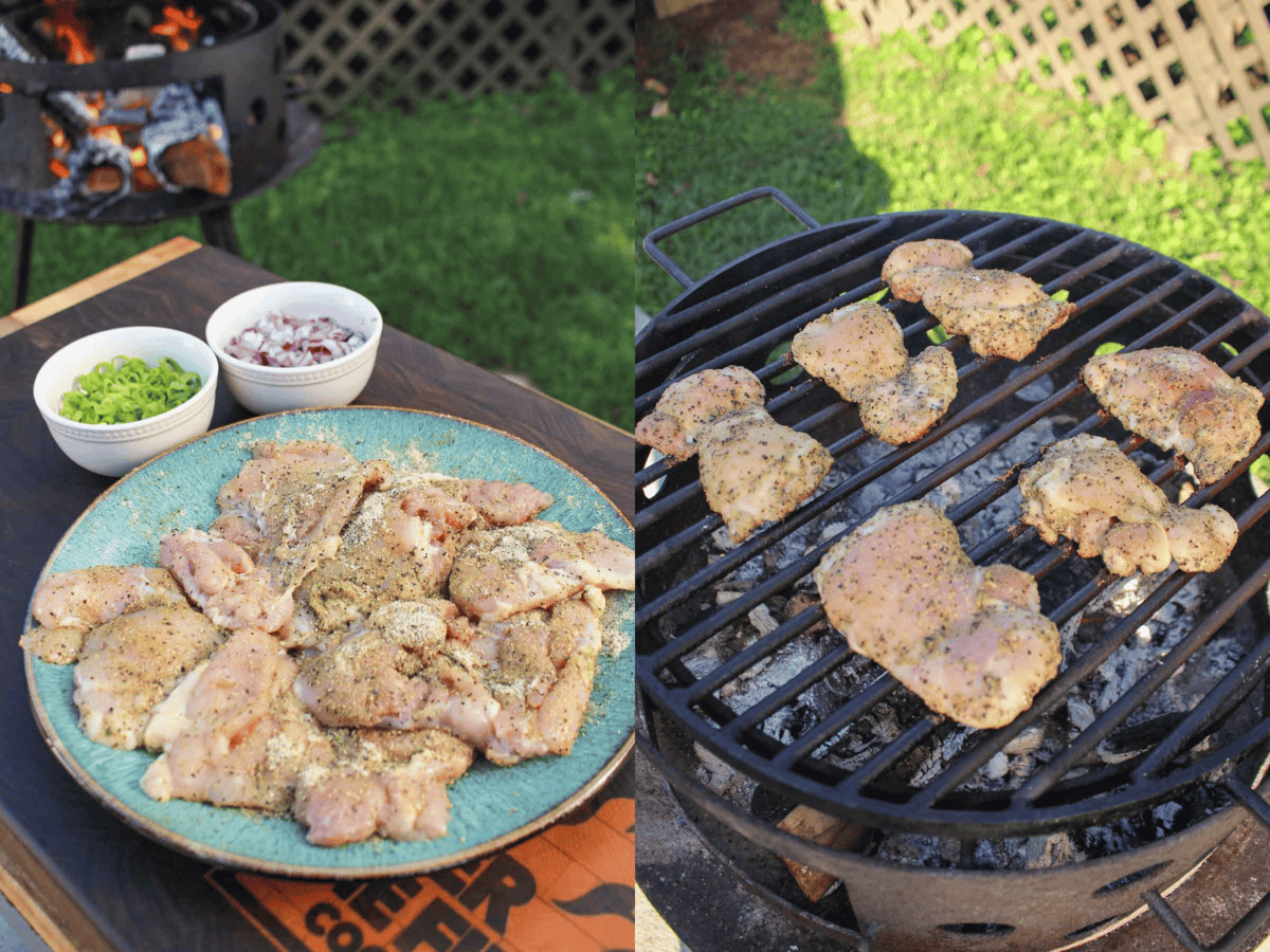 The raw chicken getting seasoned and then set on the grill.