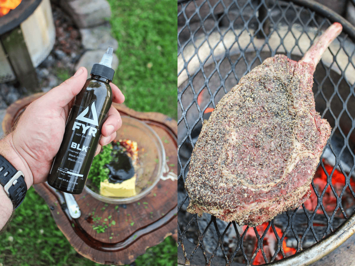 Mixing together the BLK garlic butter in a bowl and placing the seasoned steak on the grill.