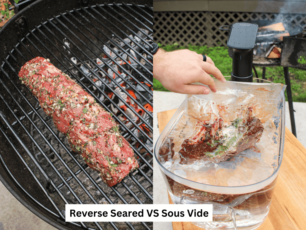A tenderloin cooking indirectly next to the coals and a rack of lamb getting placed in hot water to show the difference between reverse searing and sous vide cooking methods. 