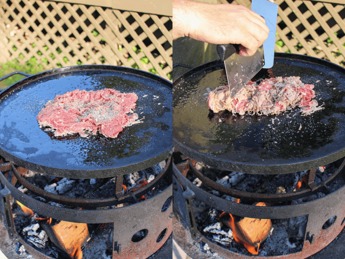 Cooking the steak for the animal style cheesesteaks.