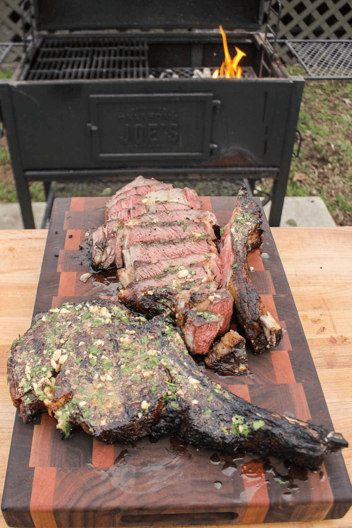 A shot of sliced steak to reveal it's medium pink inside. 