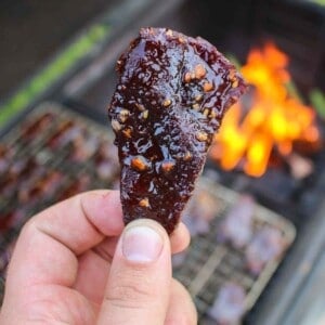 A piece of Hot Honey Garlic Beef Jerky held up close to the camera.