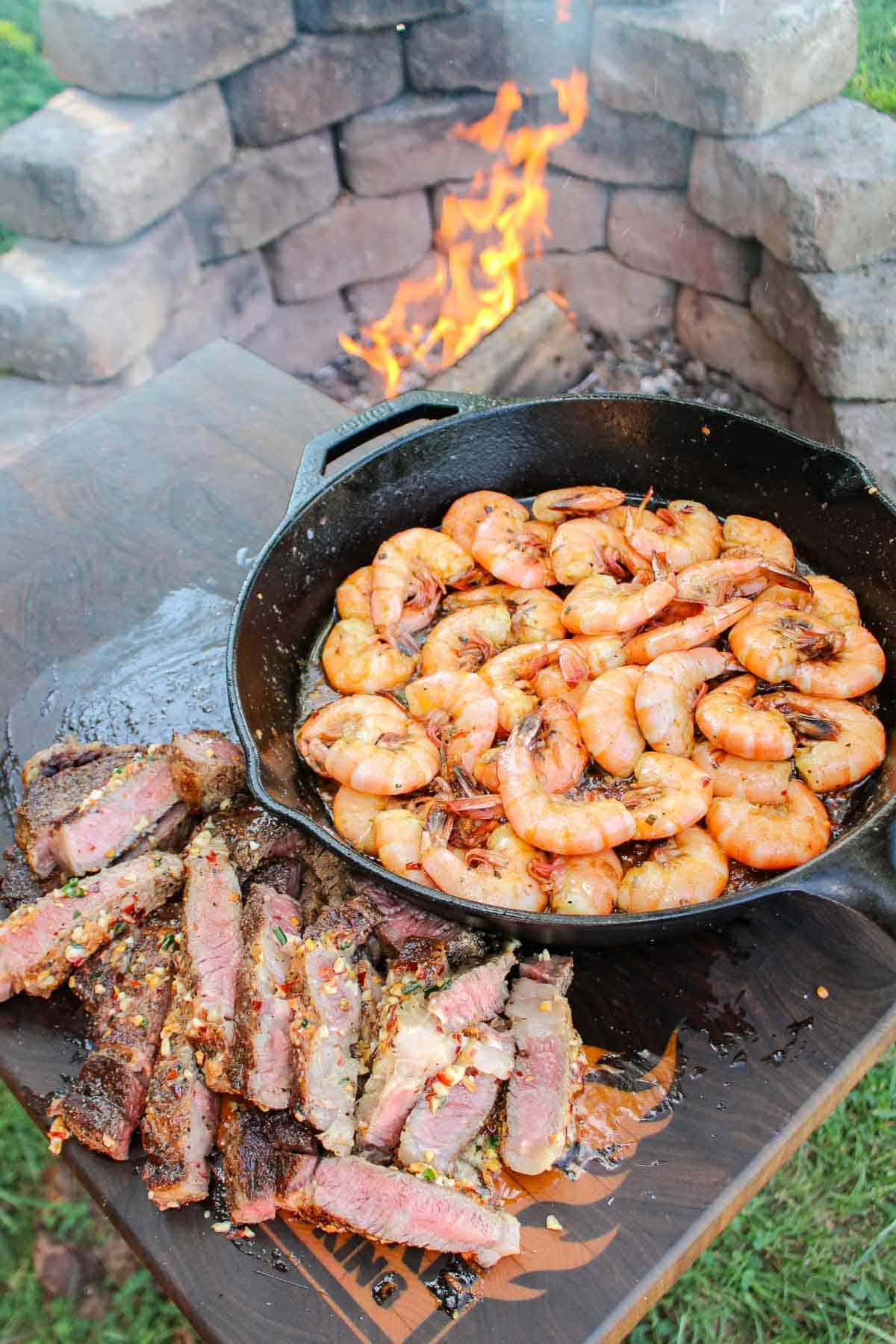 Chili Butter Steak and Shrimp plated and served.