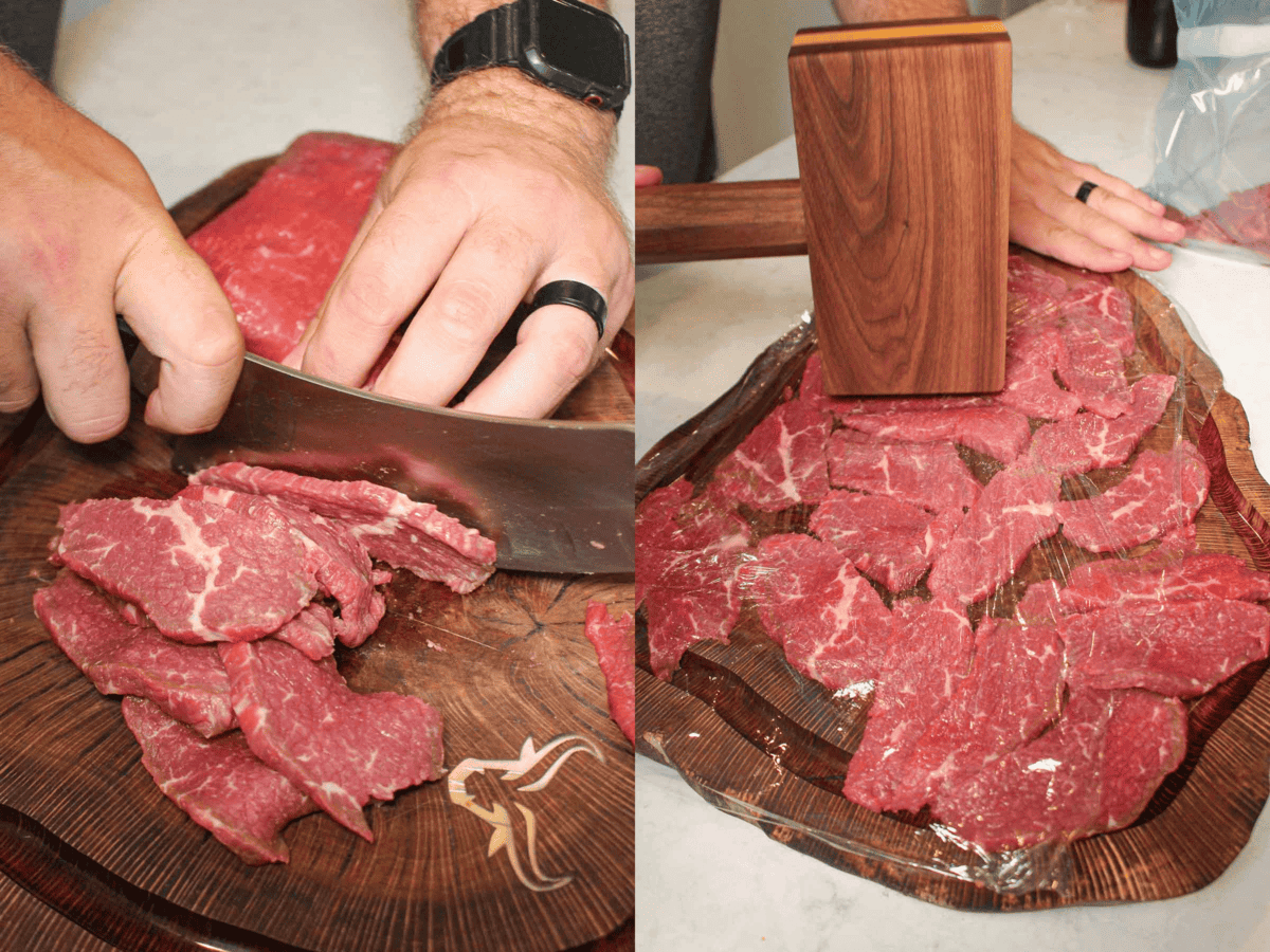 Cutting the beef round and flatting the slices with a mallet. 