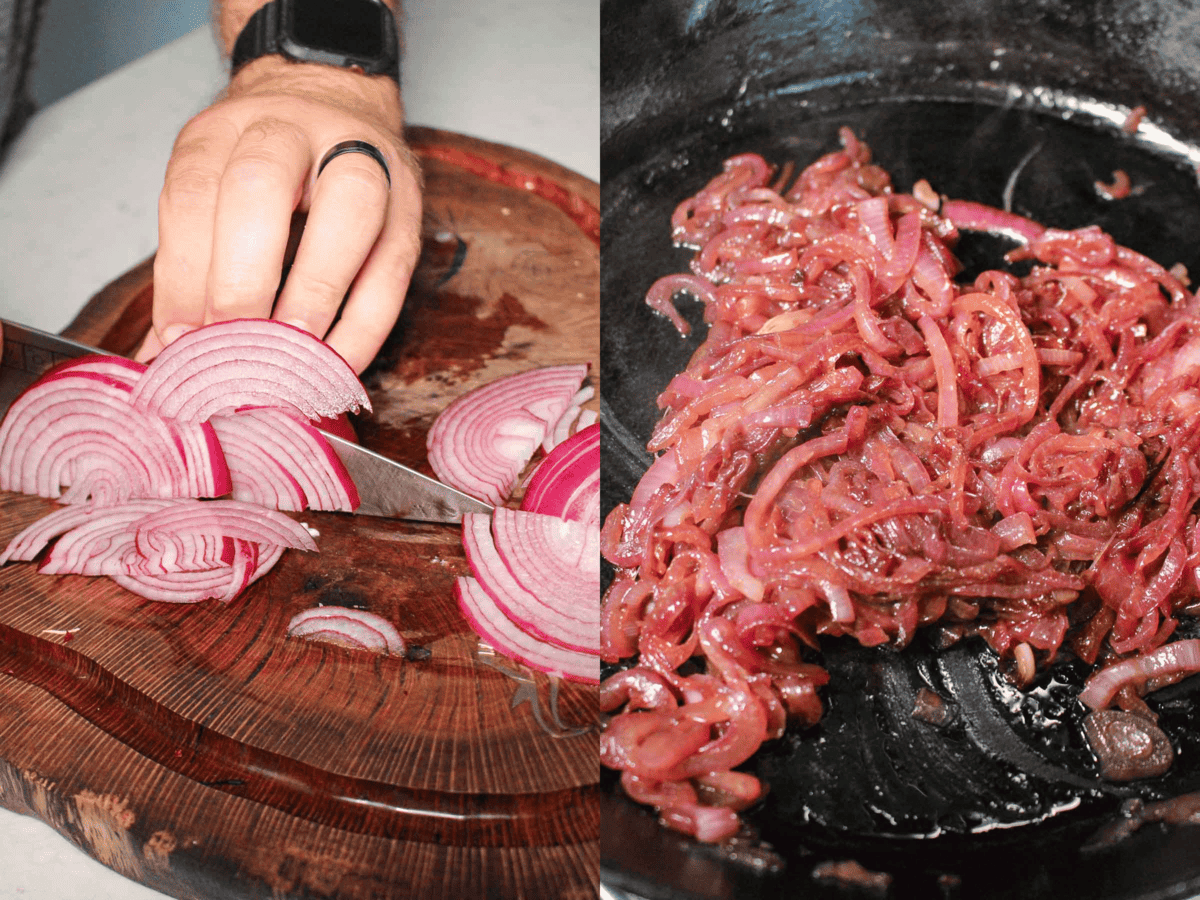 Slicing and sautéing the red onions.