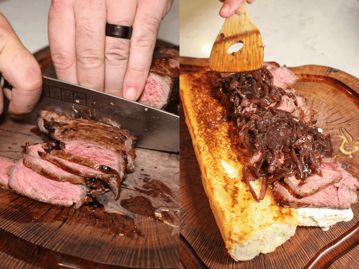 Slicing the steak and adding the sautéed onions to the steak sandwich.