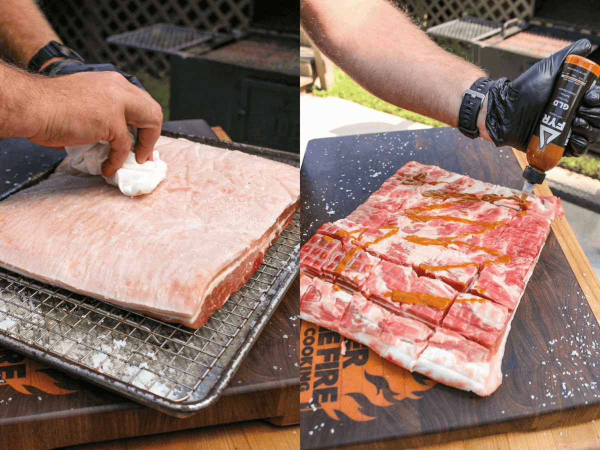 Clearing the salt from the pork belly and adding the GLD hot sauce as a binder so that it's ready for seasoning.