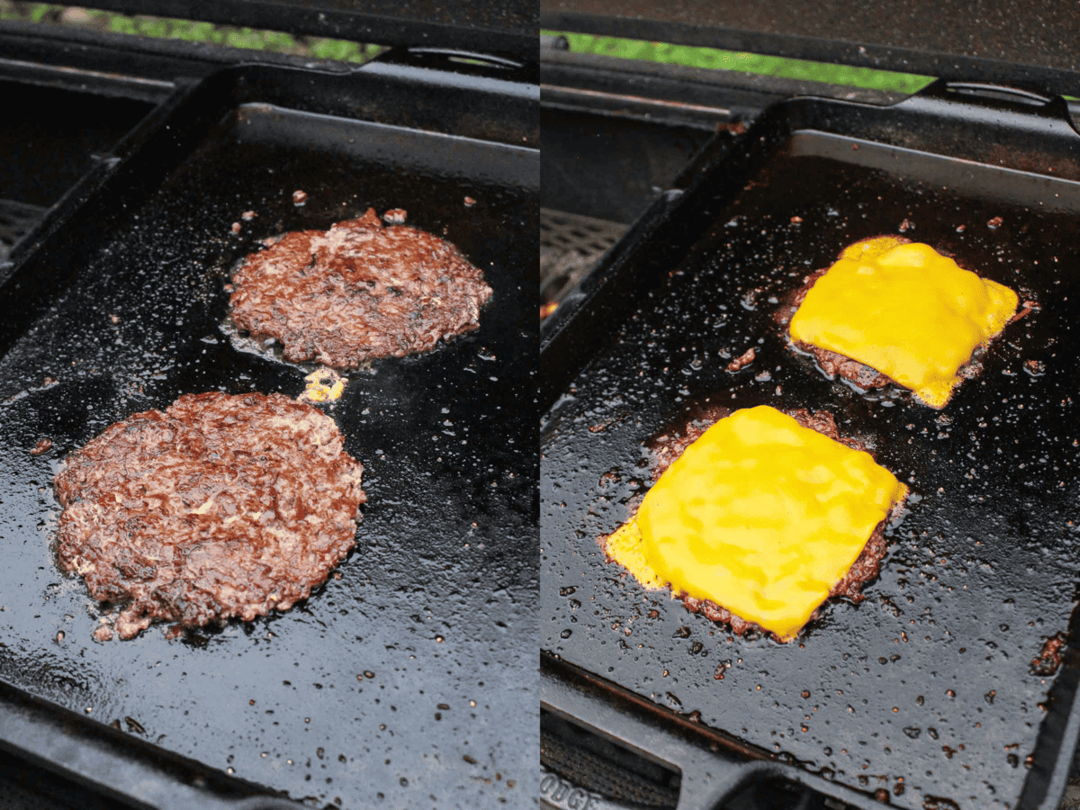 The flipped burgers and then topping them with cheese for the Animal Style Patty Melts.