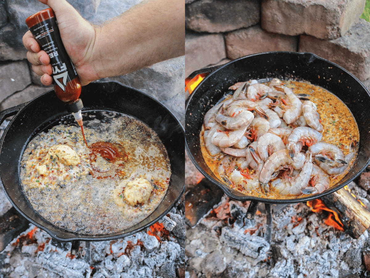 Deglazing the skillet and then tossing in the raw shrimp.