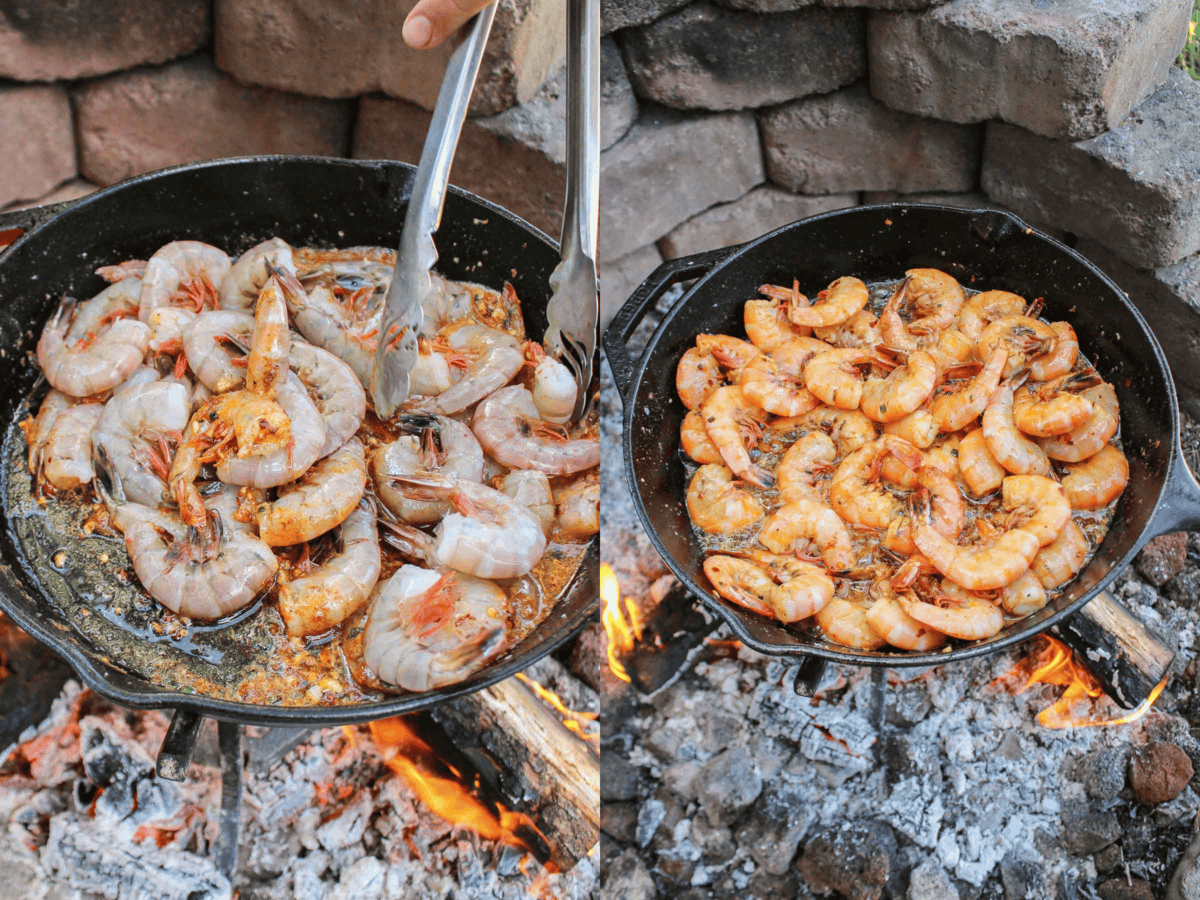Tossing the shrimp in the skillet.