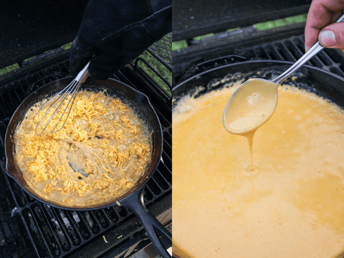 Adding cheese to the mixture in the cast iron skillet. 