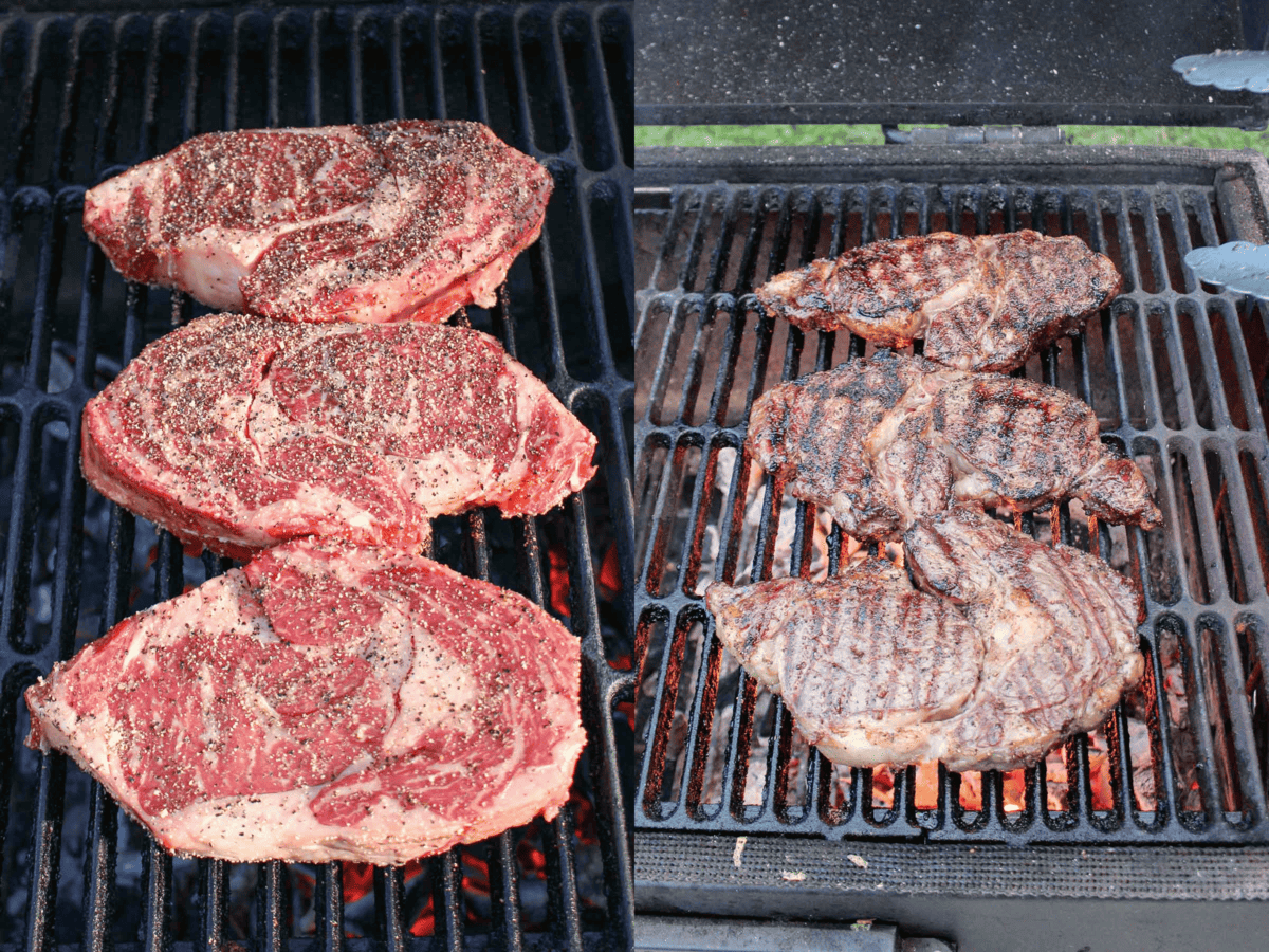 The raw steaks and then the flipped steaks cooking on the grill. 
