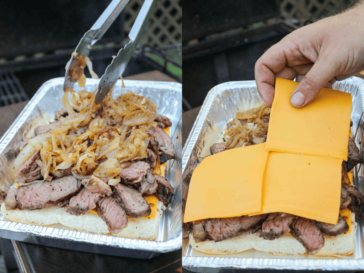 Assembling the steak sliders by adding the slices of steak, sautéed onions and cheese to the rolls.