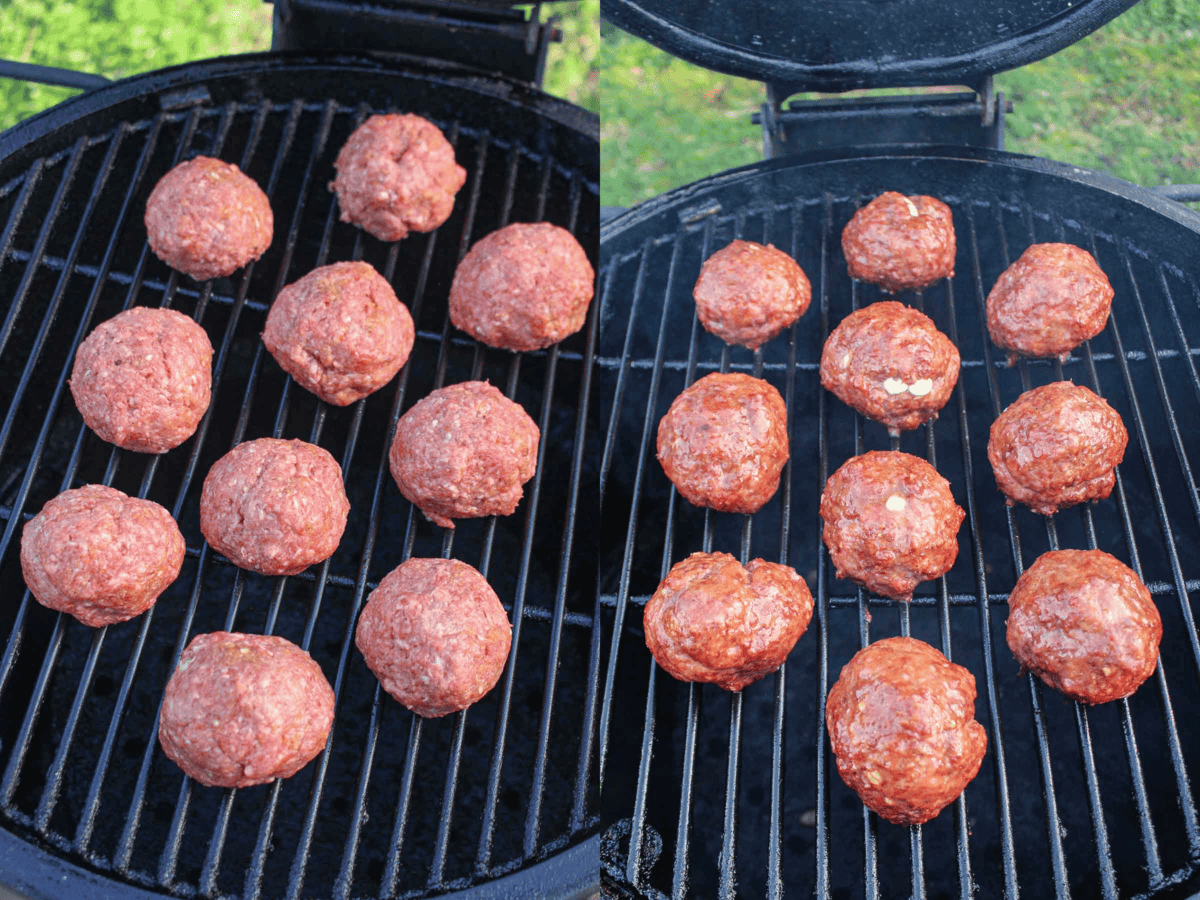 The raw and then smoked meatballs sitting on the smoker.