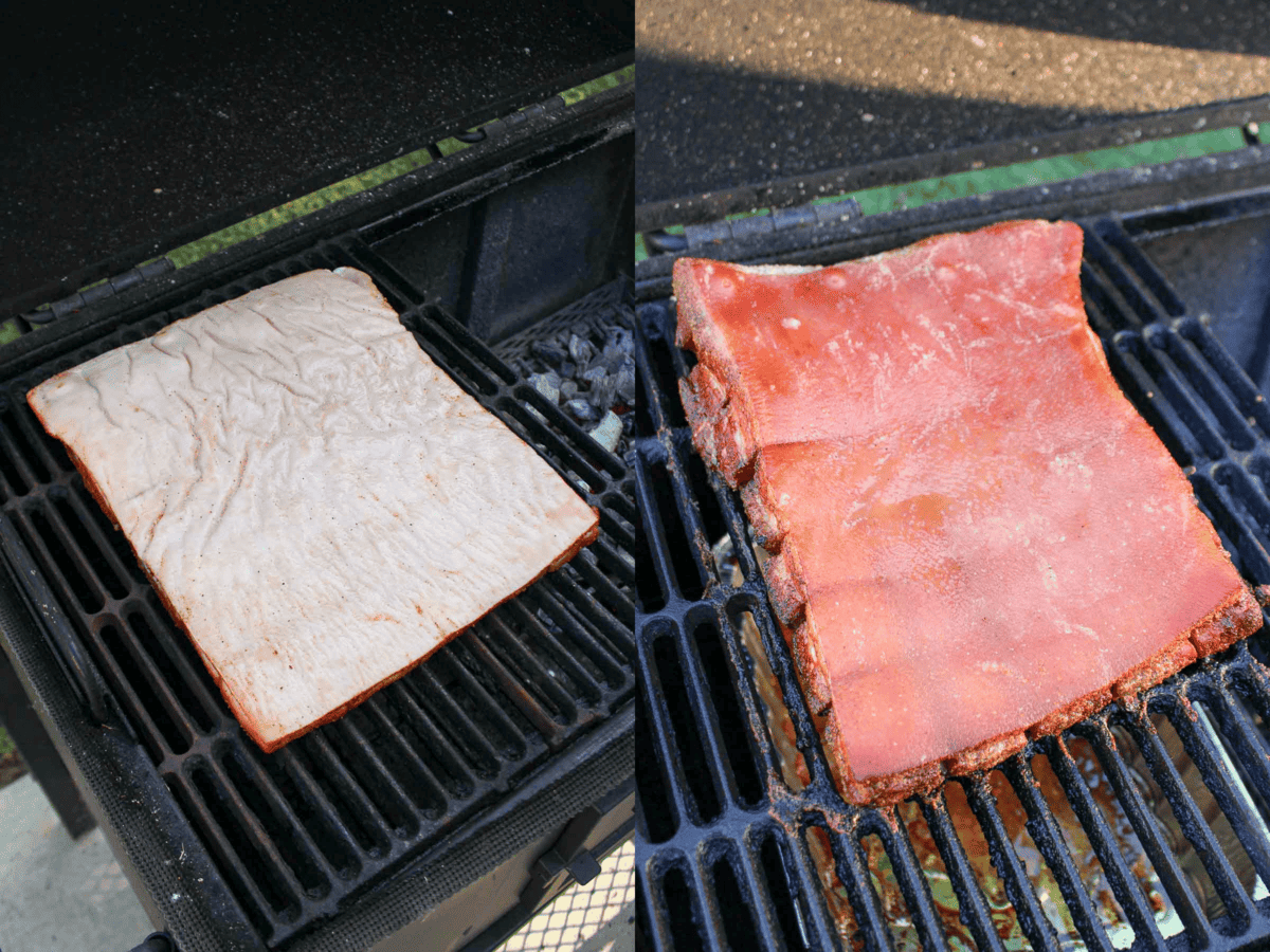 The raw and then cooked pork belly sitting in the smoker.
