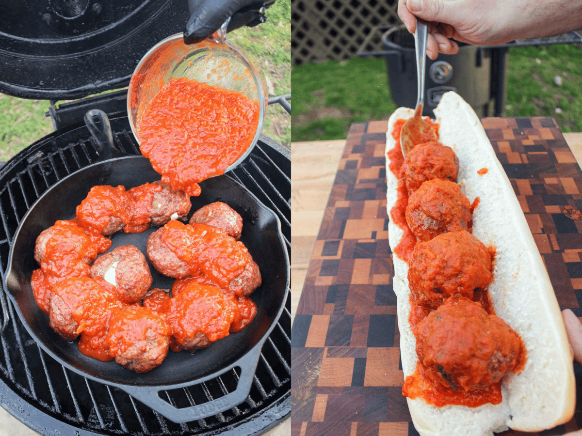 Adding the meatballs to a cast iron pan with marinara and then moving them over to the sub once cooked. 