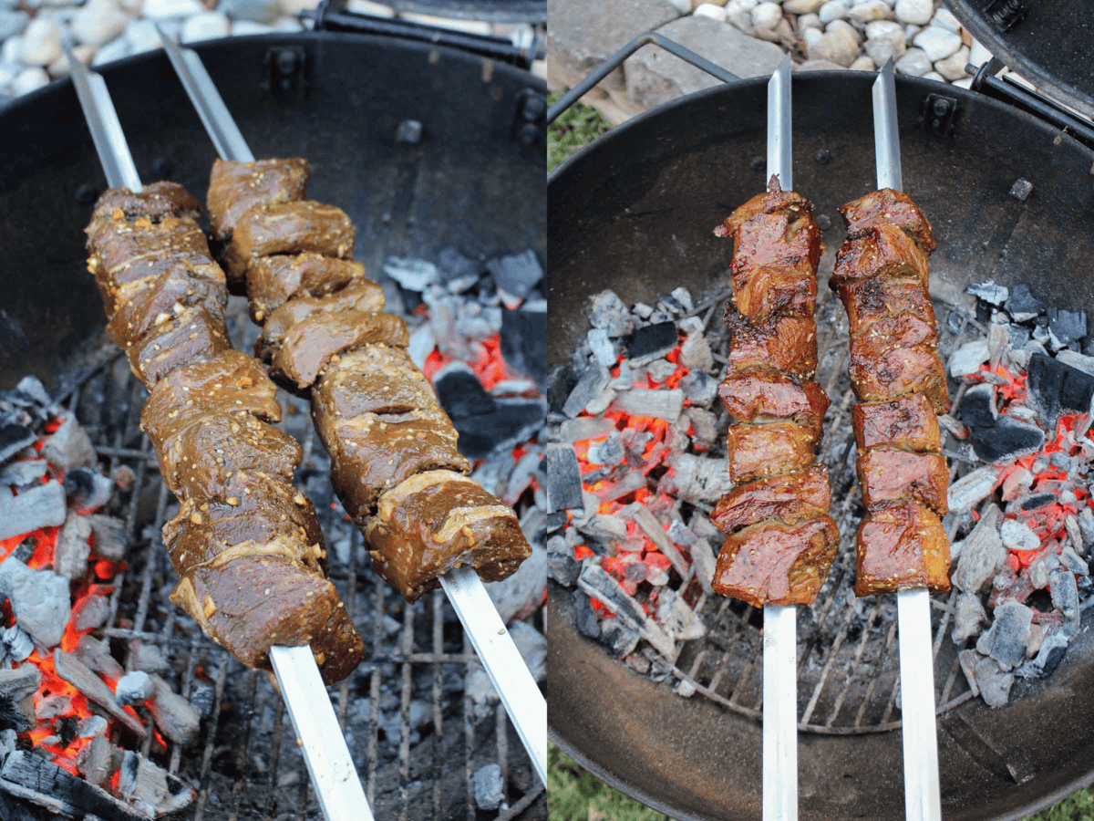 The raw skewers and then cooked skewers sitting on the grill.