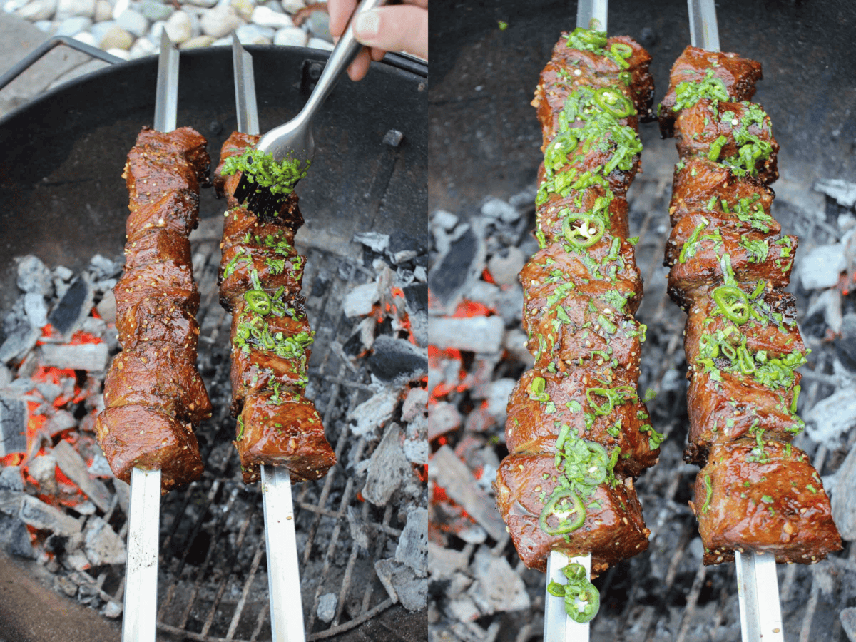 Brushing the skewers with the Chile herb sauce.