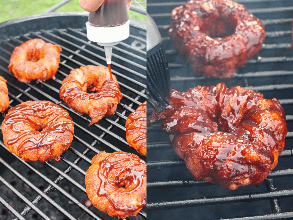 Basting the burger stuffed onion rings with bbq sauce.