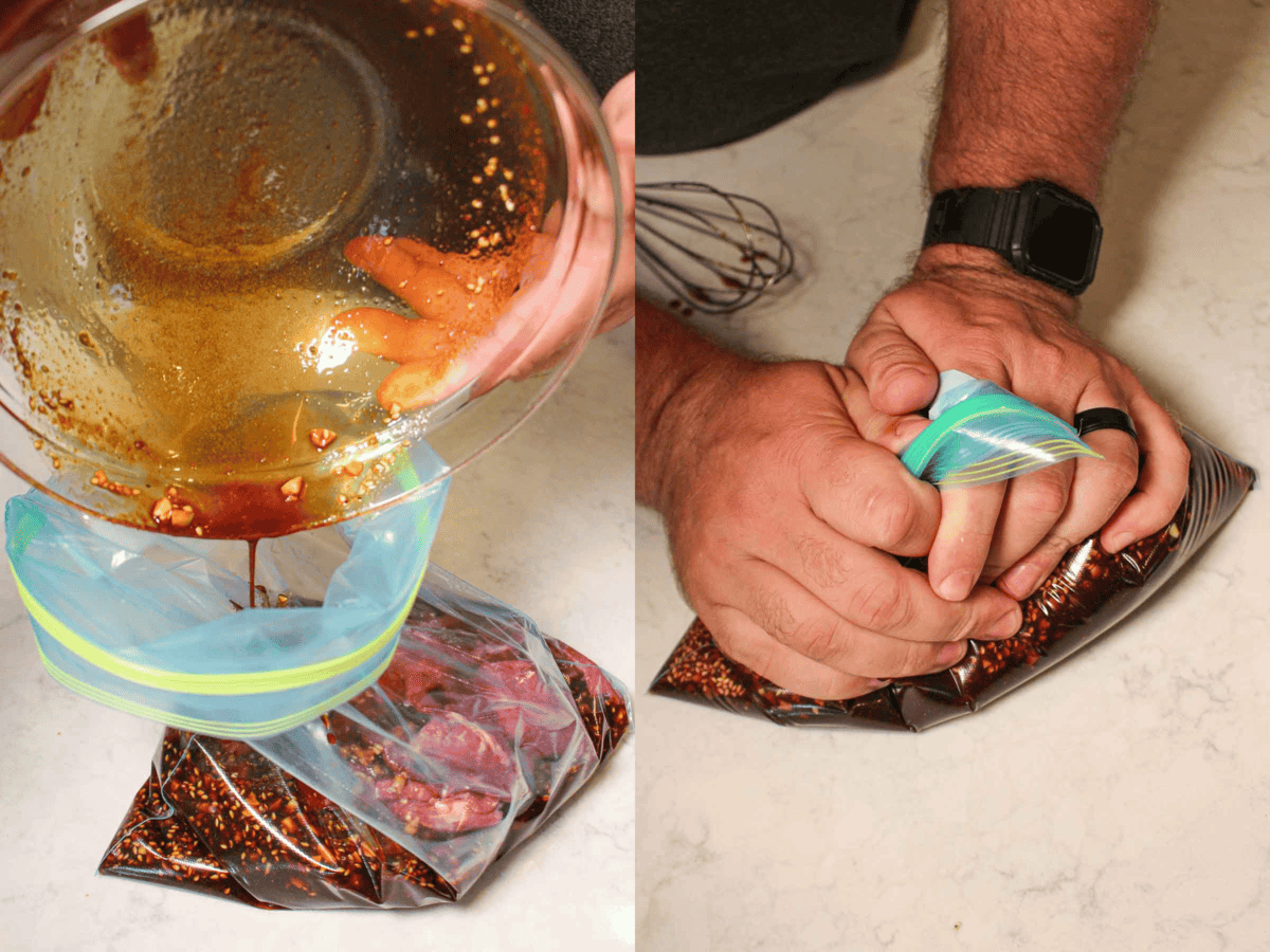 Adding the meat to the marinade in a bag for our beef jerky recipe.