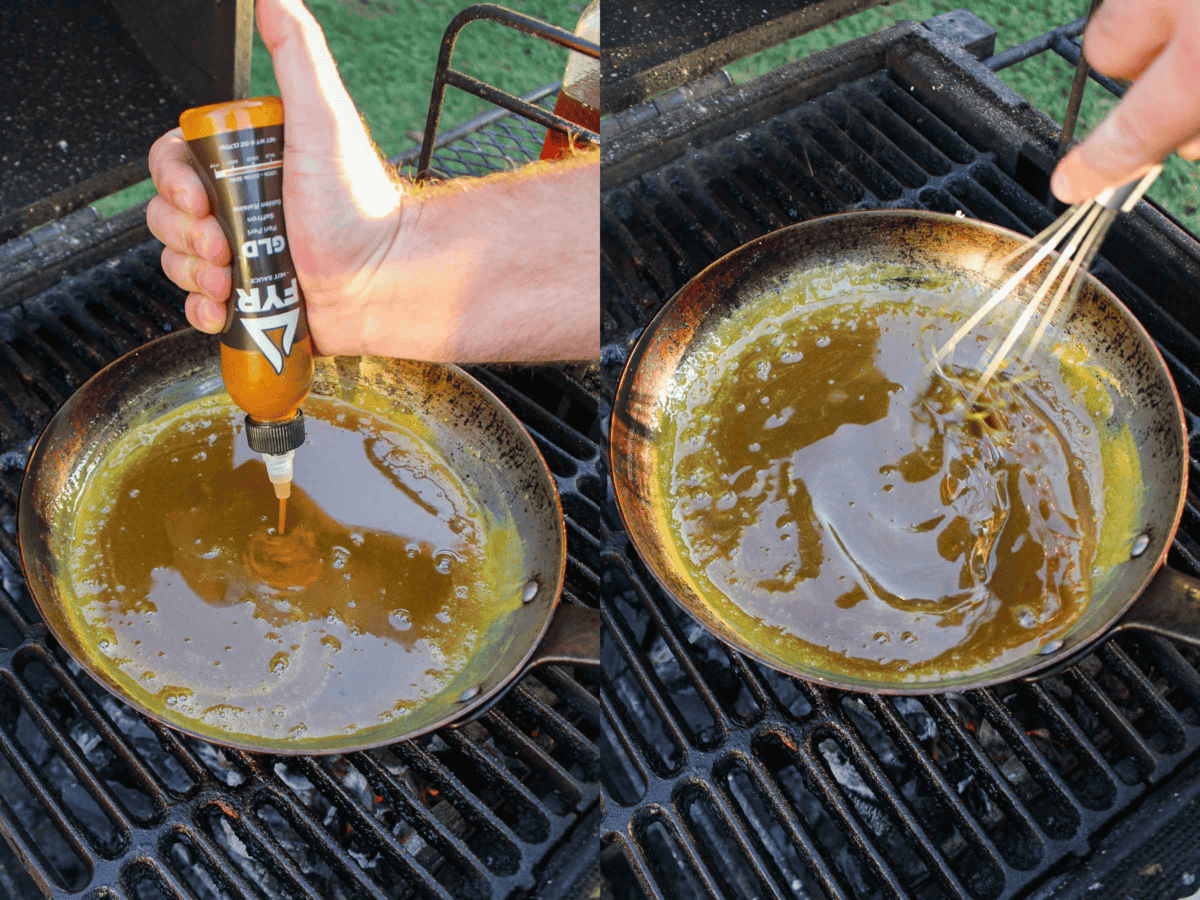 Mixing together the GLD BBQ Sauce for the crispy pork belly burnt ends.