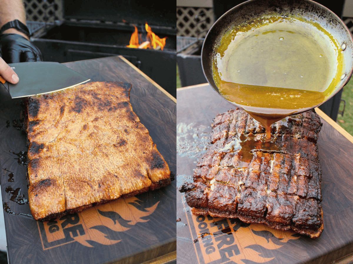 Glazing the dish so that it's ready for slicing and serving.