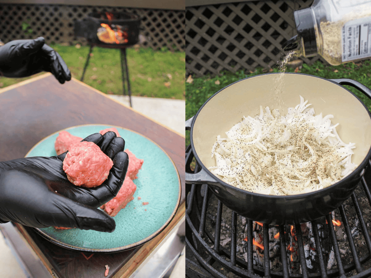 This image shows the prep needed for this recipe: make 1/4 pound balls of beef and make thin slices of onion for the Dutch oven cooking process. 