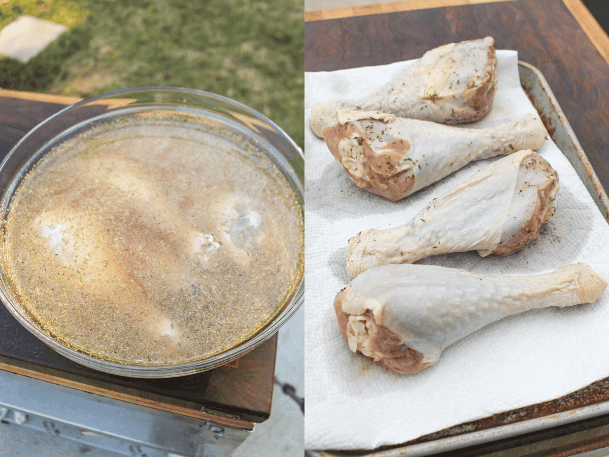 The turkey legs are first brined and then after soaking overnight pat dried on a baking sheet. 