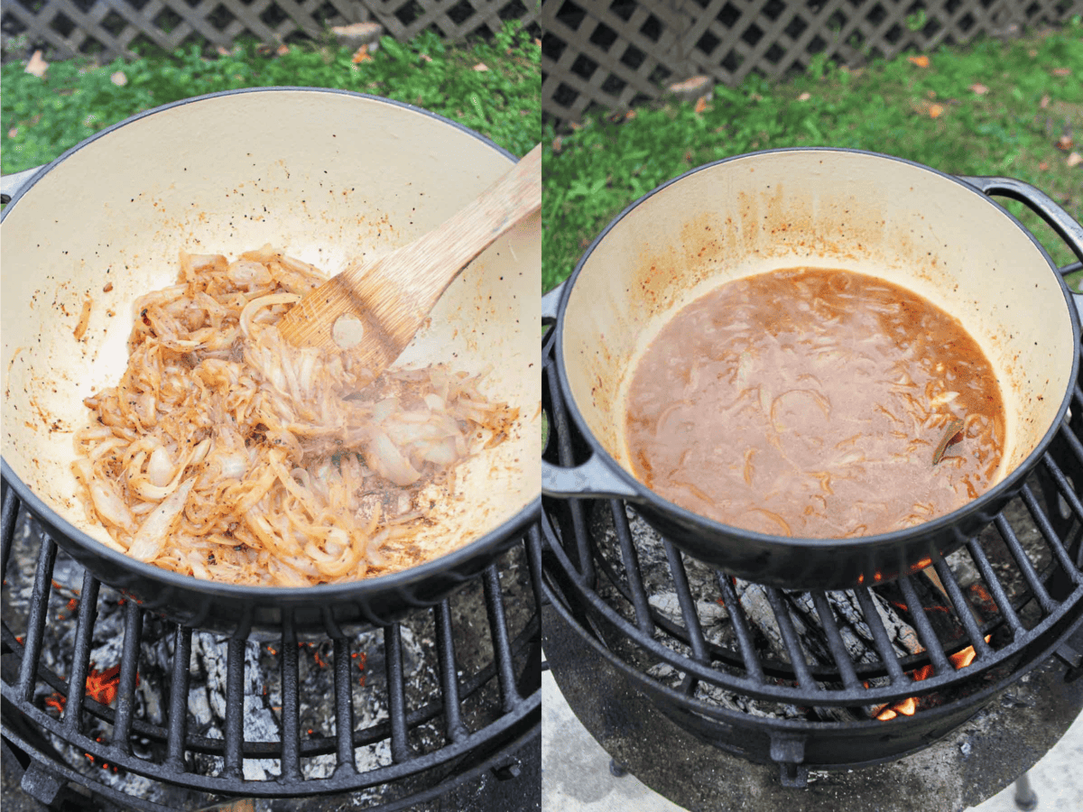 This image shows the process of caramelizing the onions and adding in the brandy and beef stock to kick up the flavor even more. 