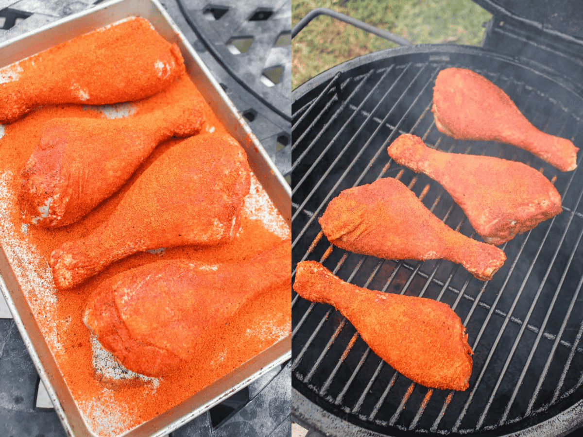 The turkey legs are first seasoned with my BBQ rub before going on the smoker's grill grates. 