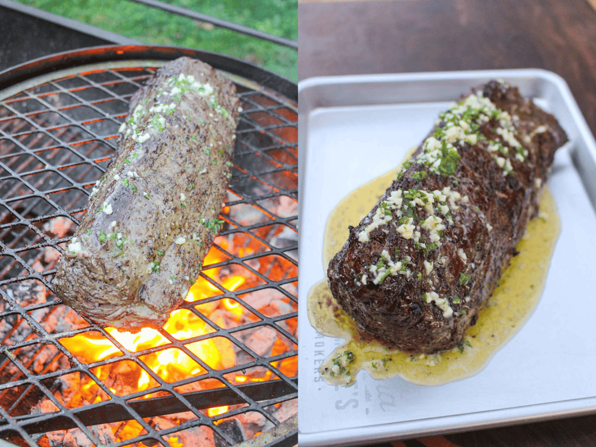 The tenderloin on the grill and when it's resting. 